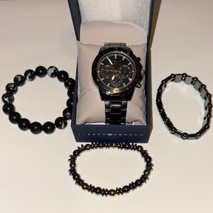 Joseph Abboud Black Watch with Bracelet Trio